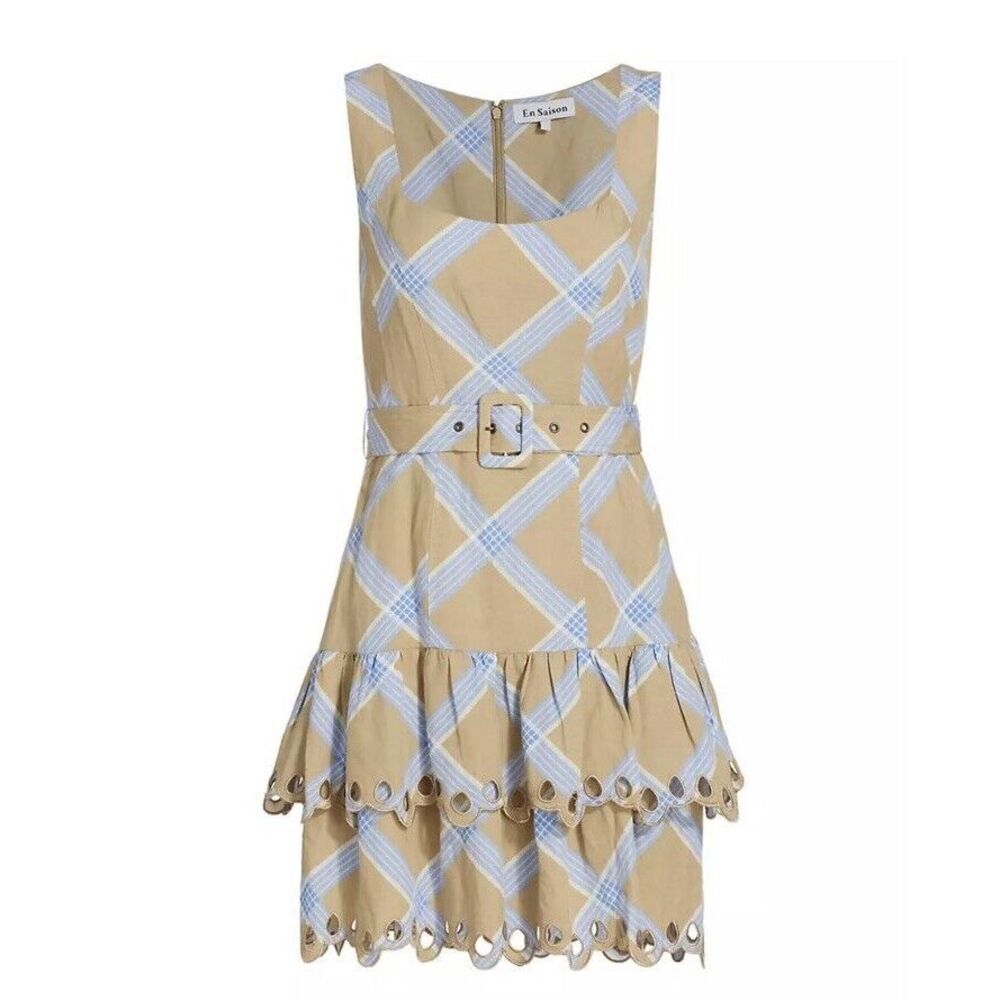 NWT En‎ Saison Women's Isla Embroidered Plaid Mini Dress Belted